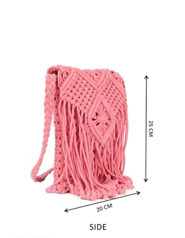 ASTRID Pink Macrame Sling Bag With Flapover Fringes - Free Size, Pink, Macrame, Pack of1